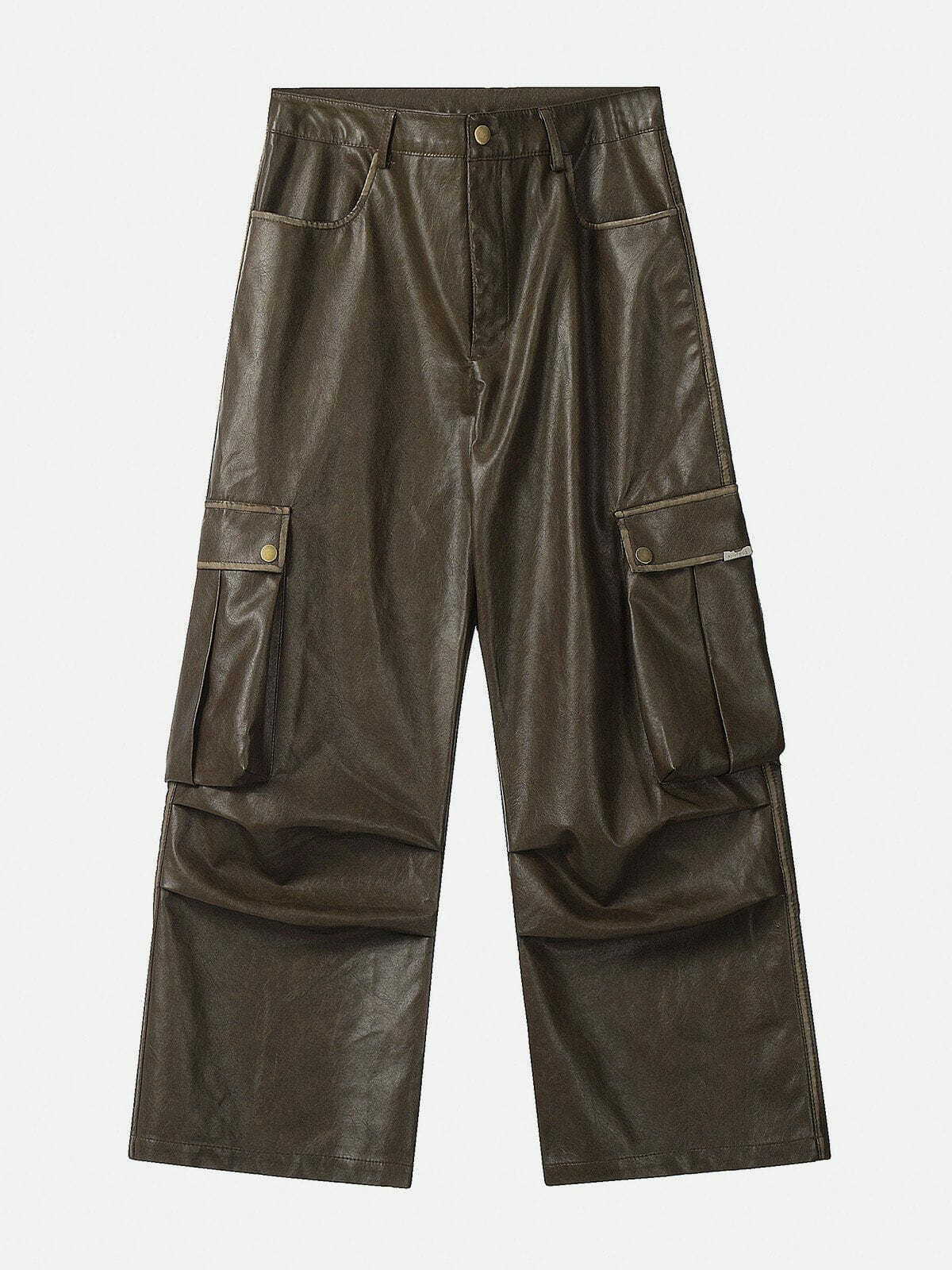 edgy big pocket pu cargo pants   sleek urban streetwear 7575