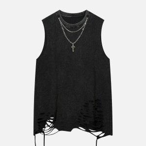 edgy broken holes vest washed look urban appeal 3217