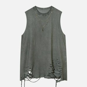 edgy broken holes vest washed look urban appeal 5734