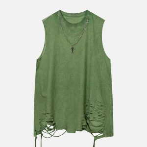 edgy broken holes vest washed look urban appeal 8058