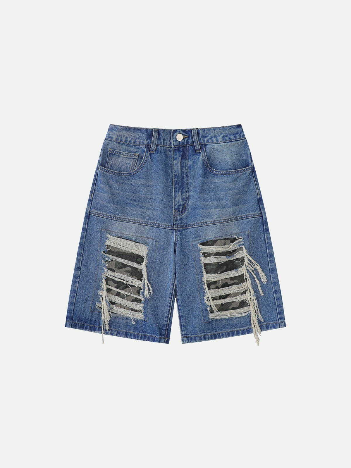edgy camouflage jorts with fake hole patch   urban trend 1489