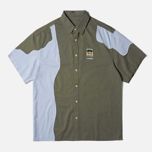 edgy contrast stitch short sleeve shirt   urban chic 3244