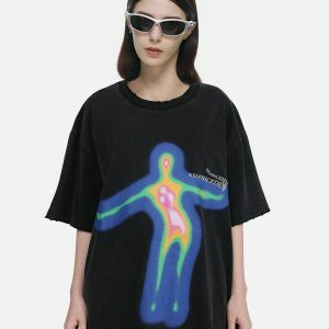 edgy distorted portrait tee   cotton crafted urban style 3794