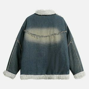 edgy fringe patchwork denim jacket   youthful urban appeal 3767