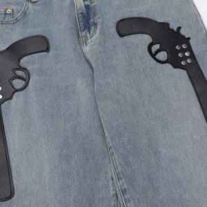 edgy gun pattern jeans urban streetwear & y2k vibe 6609
