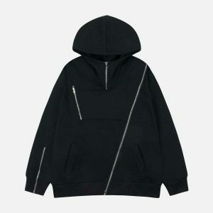 edgy irregular zip hoodie   youthful urban streetwear 1349