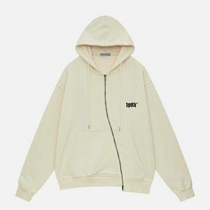edgy irregular zip hoodie   youthful urban streetwear 8055