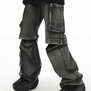 edgy knee zip jeans loose fit urban streetwear 1063