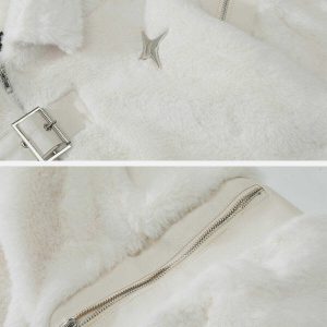 edgy leather buckle sherpa coat   star detail chic 6933