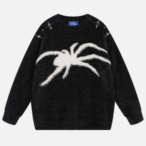 edgy metal buckle sweater spider jacquard design 3055
