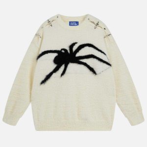 edgy metal buckle sweater spider jacquard design 6609