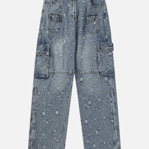 edgy multi pocket fringe jeans distressed urban look 5540