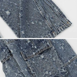 edgy multi pocket fringe jeans distressed urban look 7546