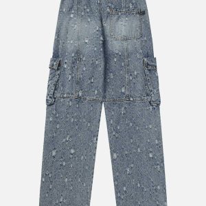 edgy multi pocket fringe jeans distressed urban look 8088