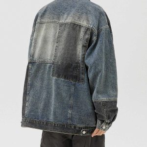 edgy patchwork denim jacket   youthful urban streetwear 1798