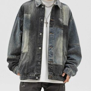 edgy patchwork denim jacket   youthful urban streetwear 5810
