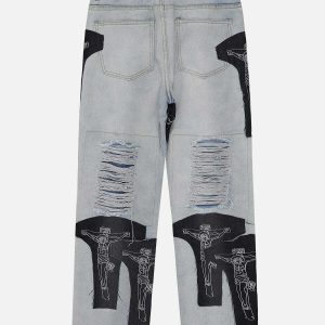 edgy patchwork jeans with distinct holes urban appeal 2997