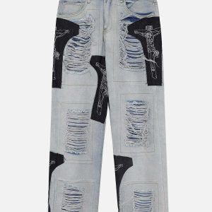 edgy patchwork jeans with distinct holes urban appeal 6794