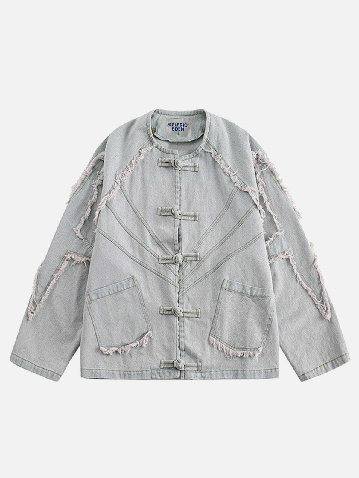 edgy plate buckle fringe jacket   chic denim streetwear 8200