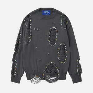edgy rhinestone distressed sweater urban chic fashion 5959