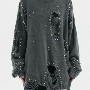edgy rhinestone distressed sweater urban chic fashion 8539