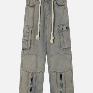 edgy rope decor jeans washed look youthful style 2611