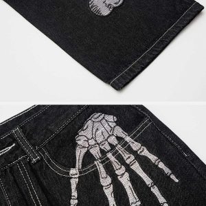 edgy skull embroidery jeans loose fit urban appeal 1158