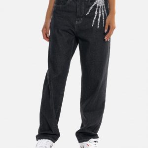 edgy skull embroidery jeans loose fit urban appeal 3100