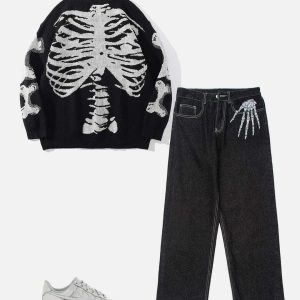 edgy skull embroidery jeans loose fit urban appeal 6494