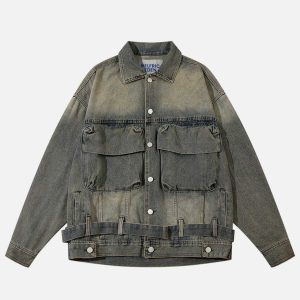 edgy strap washed denim jacket vintage urban look 5398