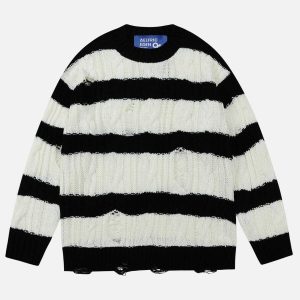 edgy stripe distressed sweater urban chic trendsetter 6617