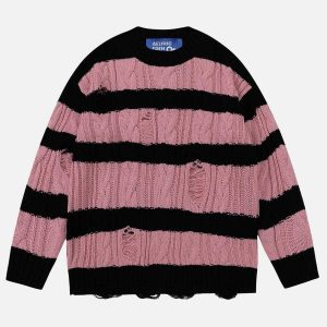 edgy stripe distressed sweater urban chic trendsetter 8475