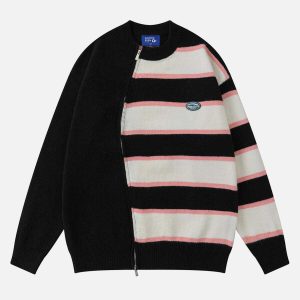 edgy stripe zip up sweater irregular chic urban wear 2610