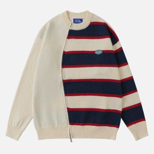 edgy stripe zip up sweater irregular chic urban wear 2891