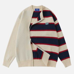 edgy stripe zip up sweater irregular chic urban wear 3571