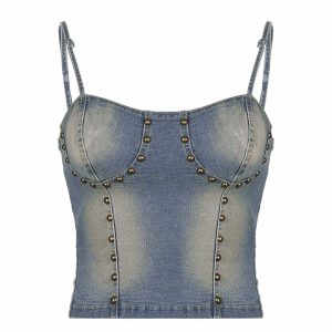edgy studded denim camis top   youthful & chic appeal 1001