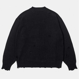 edgy worn hole pullover sweater youthful streetwear appeal 7673