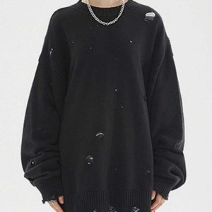 edgy worn hole pullover sweater youthful streetwear appeal 8088