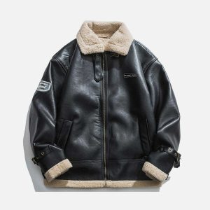 edgy zipper lapel pu borg jacket   chic urban outerwear 2242