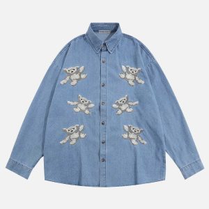 embroidered bear denim shirt   chic & youthful streetwear 1750