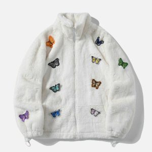 embroidered butterfly sherpa jacket   chic & cozy iconic piece 6932
