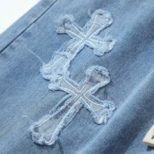 embroidered cross jeans sleek drawstring urban look 3148
