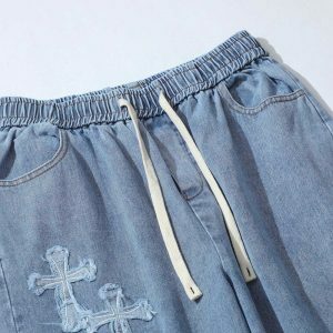embroidered cross jeans sleek drawstring urban look 5473