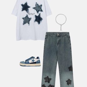 embroidered denim star tee   chic & youthful fashion staple 2528