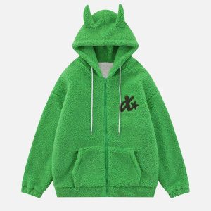 embroidered devil horns hoodie   chic sherpa coat 2569