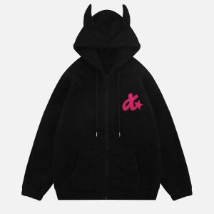 embroidered devil horns hoodie   chic sherpa coat 8450
