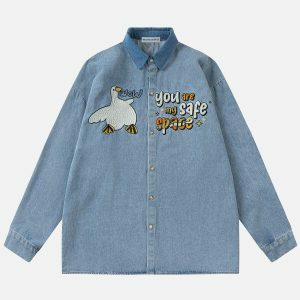 embroidered duck shirt   chic long sleeve urban trend 8575
