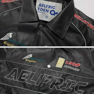 embroidered faux leather jacket   urban racing chic 1142