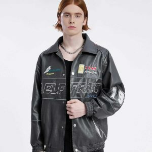 embroidered faux leather jacket   urban racing chic 3295