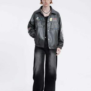embroidered faux leather jacket   urban racing chic 5036